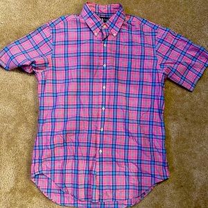 Pink blue plaid polo short sleeve button down